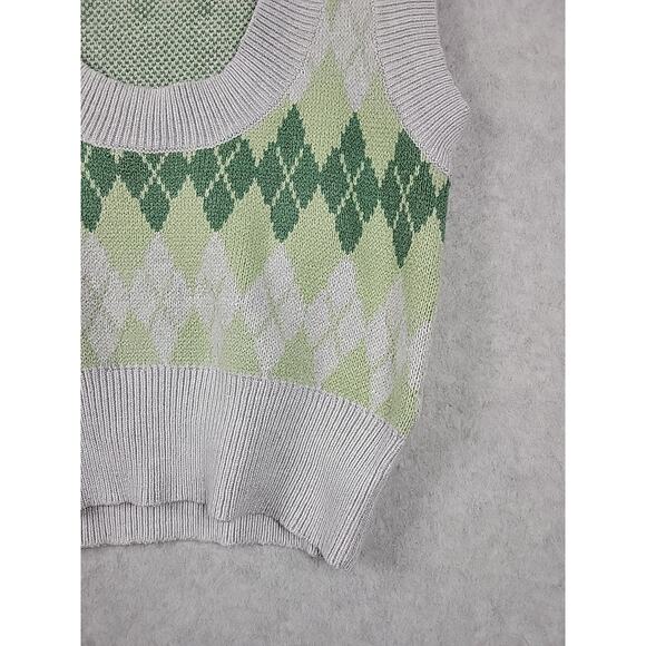 Cotton: On Gray Green Argyle Print Knit Crop Sweater Vest Women's Medium - Picture 5 of 12